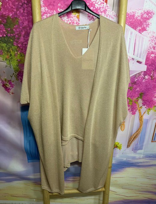 Ensemble Twin-set pull s + gilet ans manches beige Lurex pailleté doré du 42 au 54