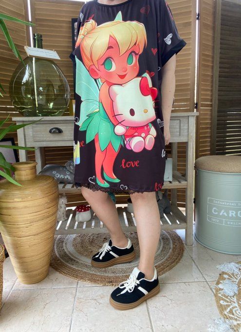 Tunique longue ou robe courte noire Fée Clochette & Kitty du 42 au 52