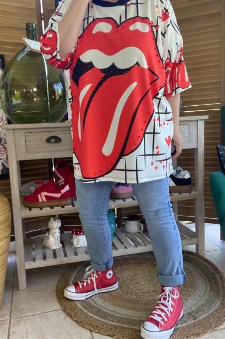 Top noir & blanc The Rolling Stones Strass et perles en relief du 40 au 50/52 