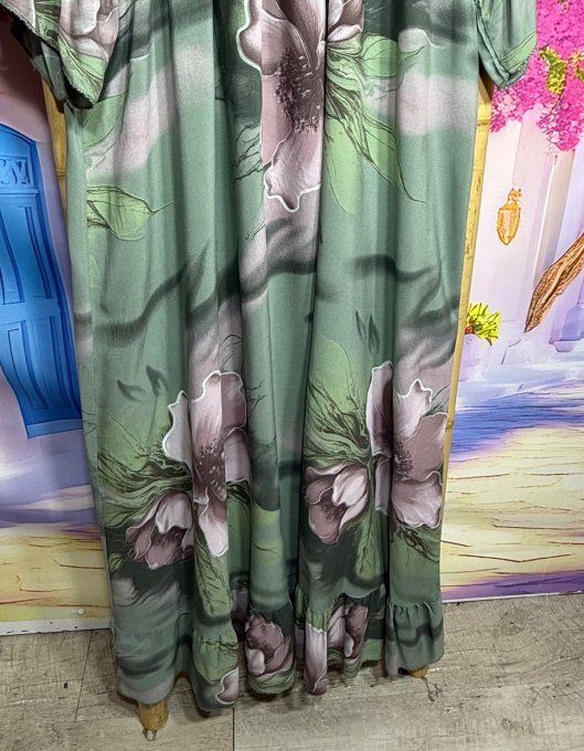 Robe trapèze longue viscose Kaki Fleurs Violines Prunes col élastiqué douceur +++ du 40 au 52