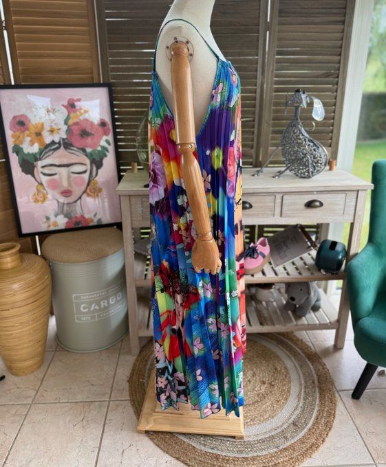 Robe longue plissée bretelles ajustables multicolore Viva Frida Kahlo du 38 au 48/50   