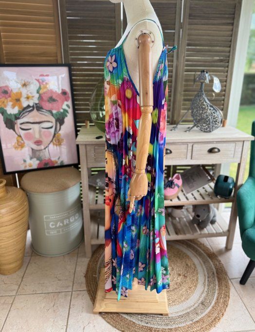 Robe longue plissée bretelles ajustables multicolore Viva Frida Kahlo du 38 au 48/50   