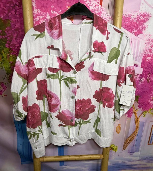 Ensemble blanc Fleurs Fuschia Robe longue bretelles + blousons sans manches du 42 au 52