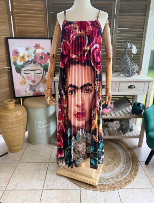 Robe longue plissée bretelles ajustables Frida Kahlo et fleurs exotiques du 38 au 48/50  