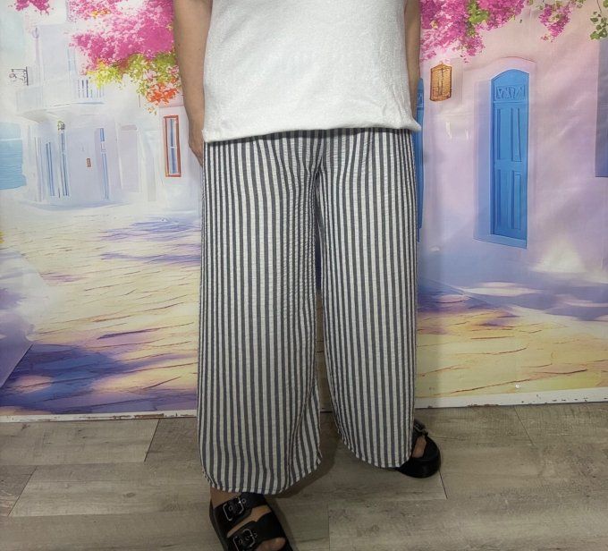 Pantalon palazzo écru rayé noir aspect Lin + ceinture offerte du 36 au 44/46