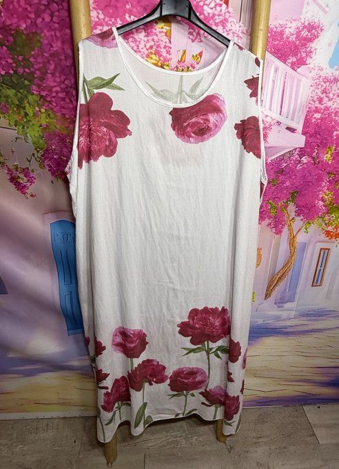 Ensemble blanc Fleurs Fuschia Robe longue bretelles + blousons sans manches du 42 au 52