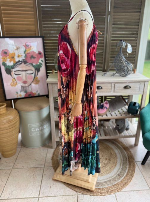 Robe longue plissée bretelles ajustables Frida Kahlo et fleurs exotiques du 38 au 48/50  