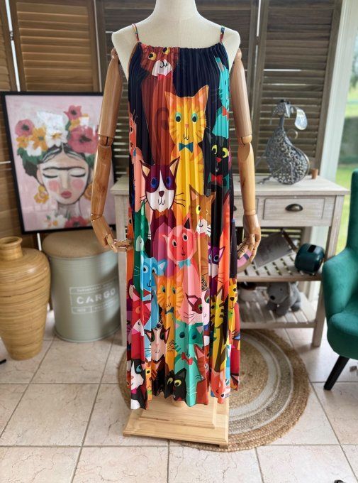 Robe longue plissée bretelles ajustables multicolore Vive les chats du 38 au 48/50  