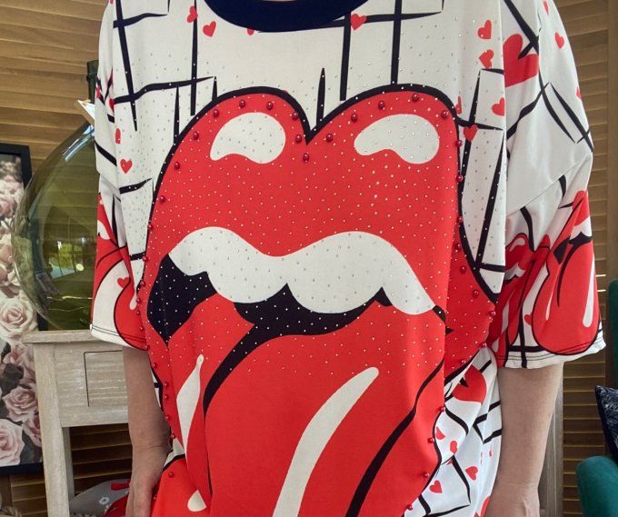 Top noir & blanc The Rolling Stones Strass et perles en relief du 40 au 50/52 