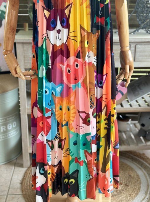 Robe longue plissée bretelles ajustables multicolore Vive les chats du 38 au 48/50  