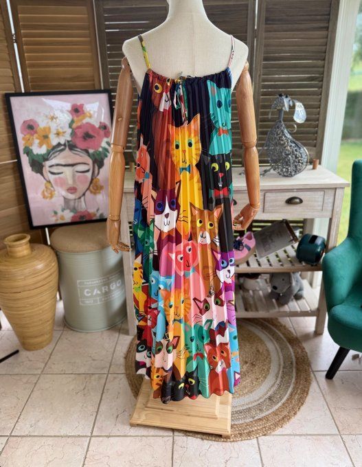 Robe longue plissée bretelles ajustables multicolore Vive les chats du 38 au 48/50  