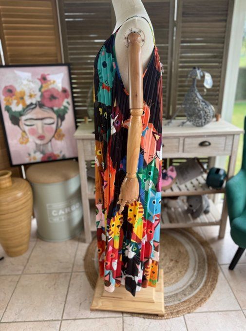 Robe longue plissée bretelles ajustables multicolore Vive les chats du 38 au 48/50  