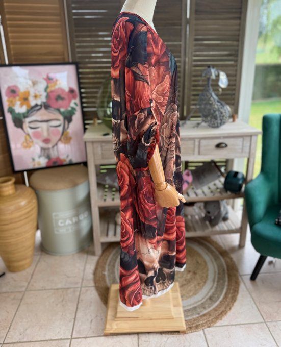 Kimono long voile noir Trio de Skulls & Red Roses du 40 au 50/52 et même +