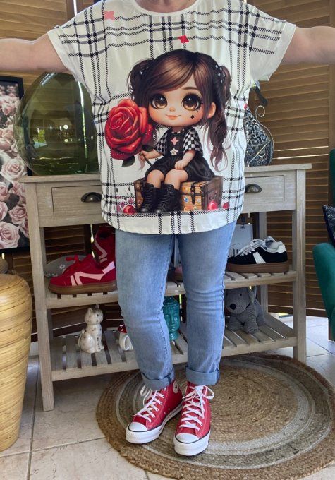 Top ample blanc L'adorable Fillette à la rose rouge du 38 au 48/50 