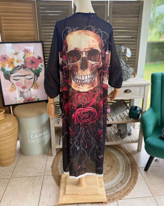 Kimono long voile noir  Skulls & Red Roses du 40 au 50/52 et même +