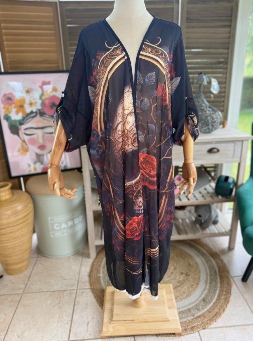 Kimono long voile noir Médaillon Skulls & Red Roses du 40 au 50/52 et même +
