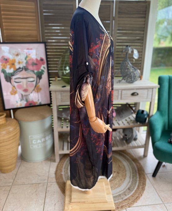 Kimono long voile noir Médaillon Skulls & Red Roses du 40 au 50/52 et même +