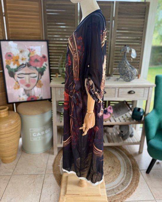 Kimono long voile noir Médaillon Skulls & Red Roses du 40 au 50/52 et même +