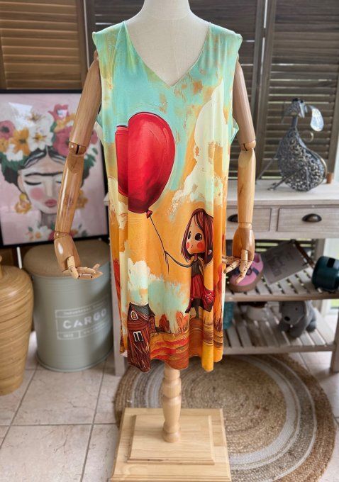 Robe débardeur courte ou tunique longue La Fillette au ballon coeur et son chat du 38 au 48  