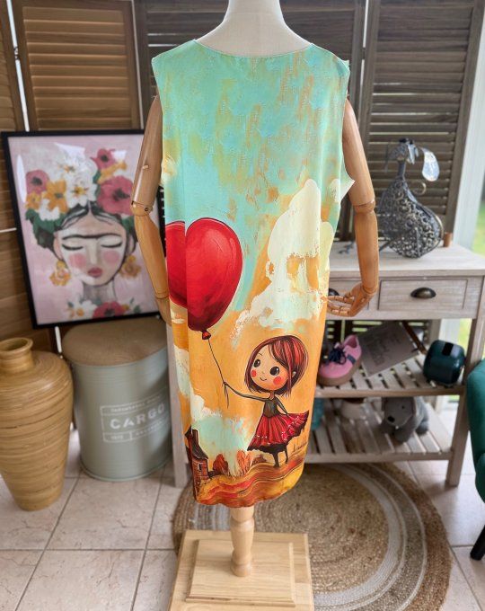 Robe débardeur courte ou tunique longue La Fillette au ballon coeur et son chat du 38 au 48  