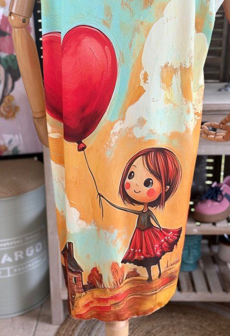 Robe débardeur courte ou tunique longue La Fillette au ballon coeur et son chat du 38 au 48  