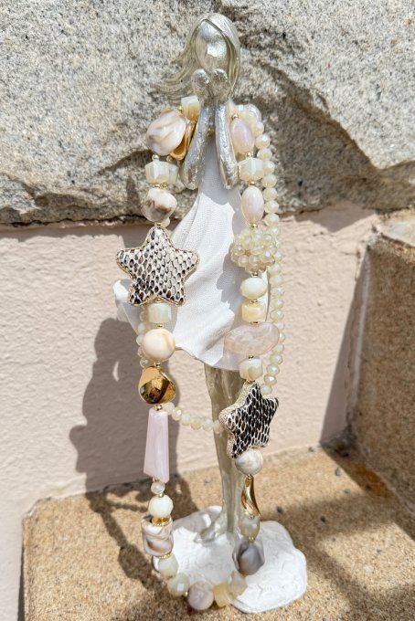 Collier long perles crème beige apprêts dorées Étoiles irisés nacrées TOUTES TAILLES  