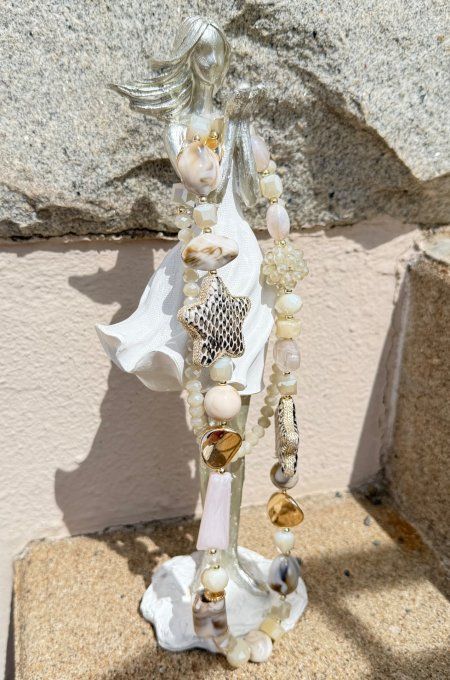 Collier long perles crème beige apprêts dorées Étoiles irisés nacrées TOUTES TAILLES  