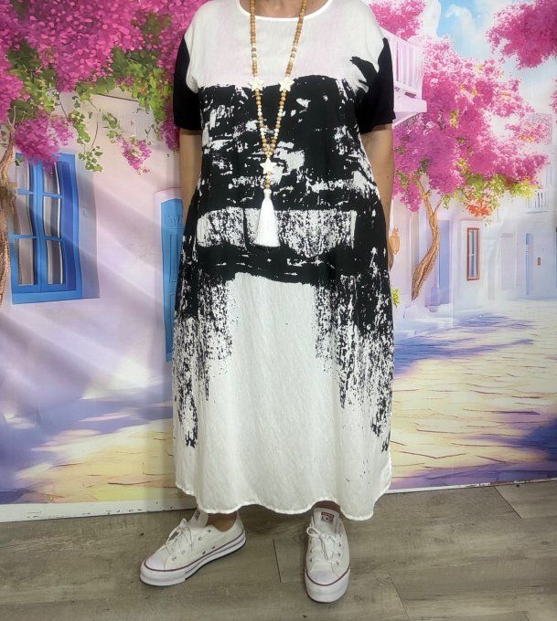 Robe ample longue blanche Graffitis noirs Fly Out douceur +++ du 36 au 46/48
