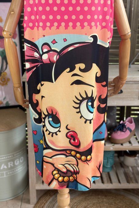 Robe débardeur courte ou tunique longue fuschia pois orange Betty Boop du 38 au 48 