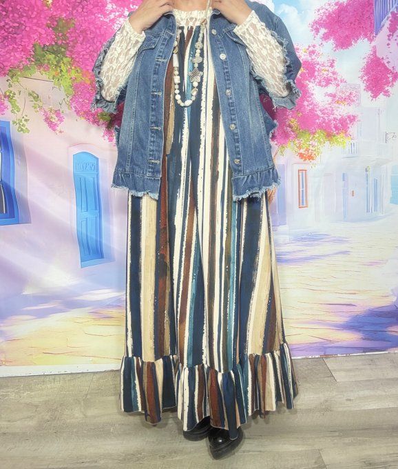 Robe ample longue volantée coton fines bretelles rayée marine chocolat du 40 au 50/52