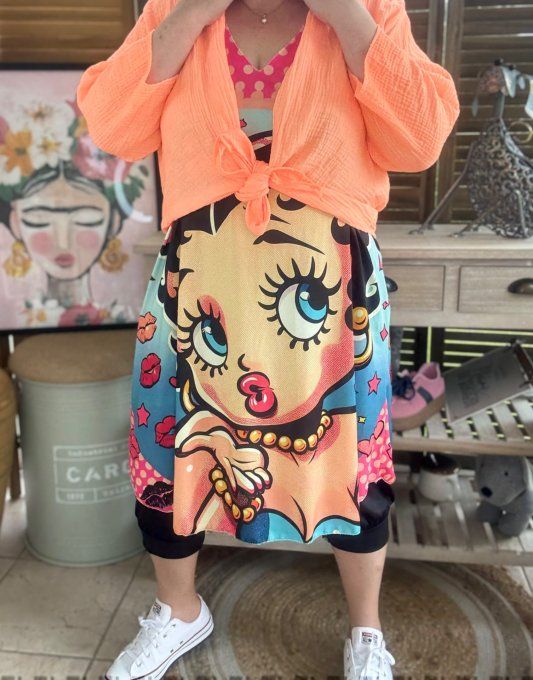 Robe débardeur courte ou tunique longue fuschia pois orange Betty Boop du 38 au 48 