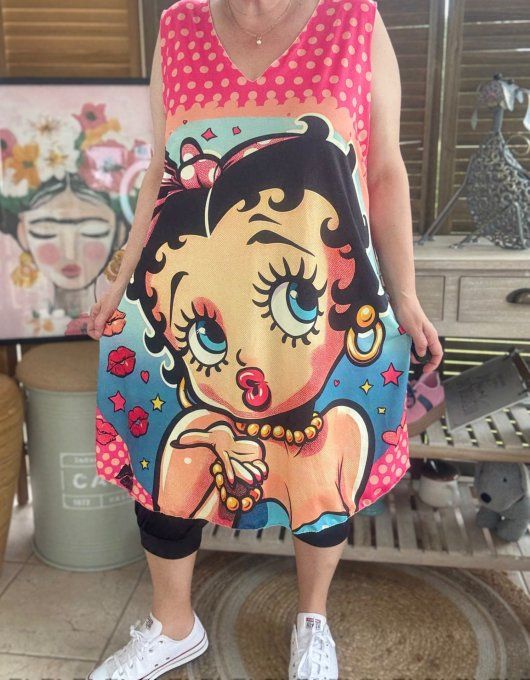 Robe débardeur courte ou tunique longue fuschia pois orange Betty Boop du 38 au 48 