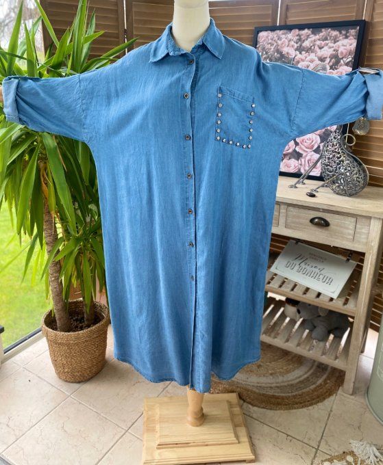 Robe chemise longue ample jeans fin Tencel strass du 40 au 48/50