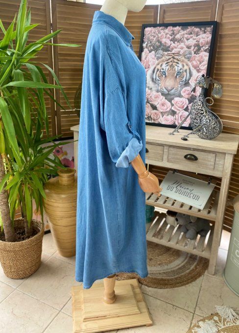 Robe chemise longue ample jeans fin Tencel strass du 40 au 48/50
