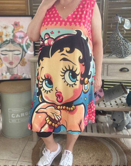 Robe débardeur courte ou tunique longue fuschia pois orange Betty Boop du 38 au 48 