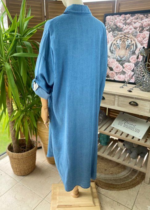 Robe chemise longue ample jeans fin Tencel strass du 40 au 48/50