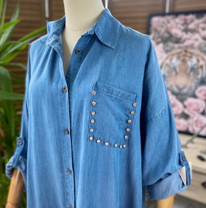 Robe chemise longue ample jeans fin Tencel strass du 40 au 48/50