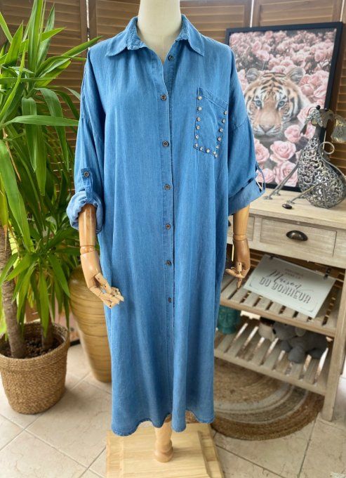 Robe chemise longue ample jeans fin Tencel strass du 40 au 48/50