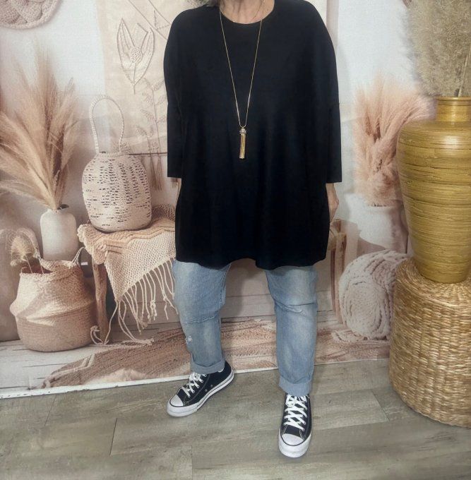 Tunique oversize noire mi-longue manches chauve-souris douceur +++ du 42 au 54/56