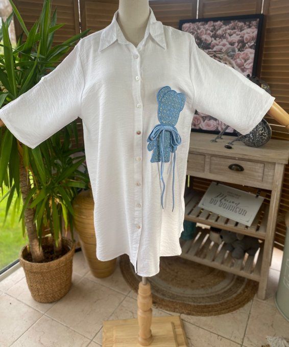 Chemise longue trapèze blanche My Blue Teddy Bear lacets du 36 au 46