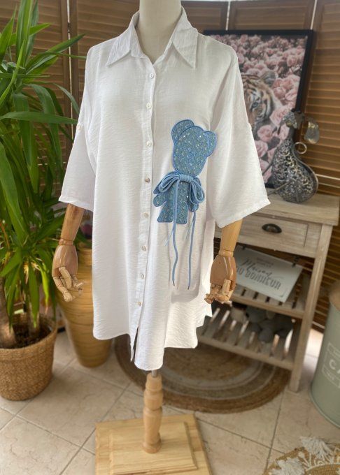 Chemise longue trapèze blanche My Blue Teddy Bear lacets du 36 au 46