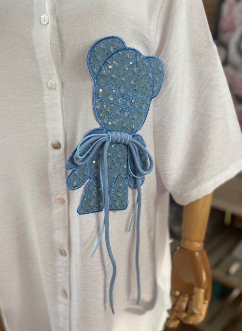 Chemise longue trapèze blanche My Blue Teddy Bear lacets du 36 au 46