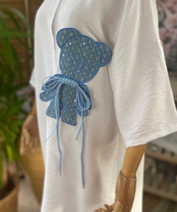 Chemise longue trapèze blanche My Blue Teddy Bear lacets du 36 au 46