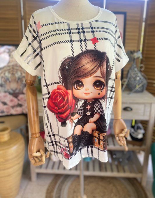 Top ample blanc L'adorable Fillette à la rose rouge du 38 au 48/50 