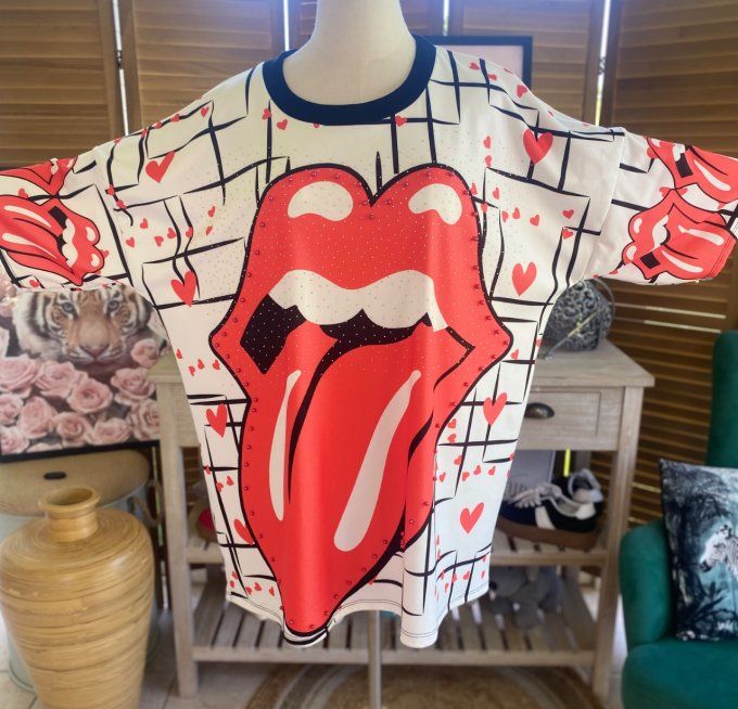 Top noir & blanc The Rolling Stones Strass et perles en relief du 40 au 50/52 