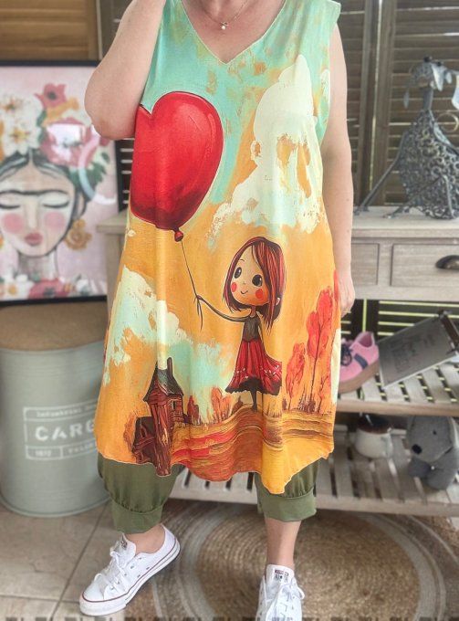 Robe débardeur courte ou tunique longue La Fillette au ballon coeur et son chat du 38 au 48  