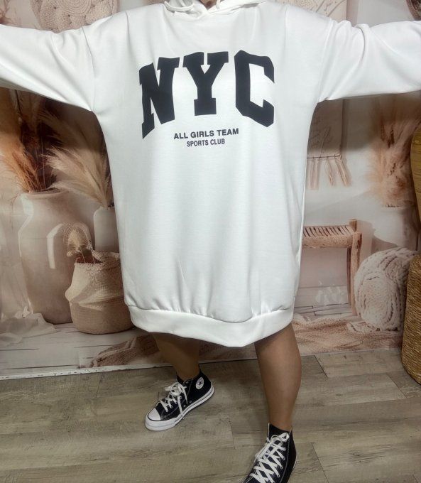 Maxi-sweat à capuche blanc ou Robe-sweat sportswear confort +++ du 40 au 52 