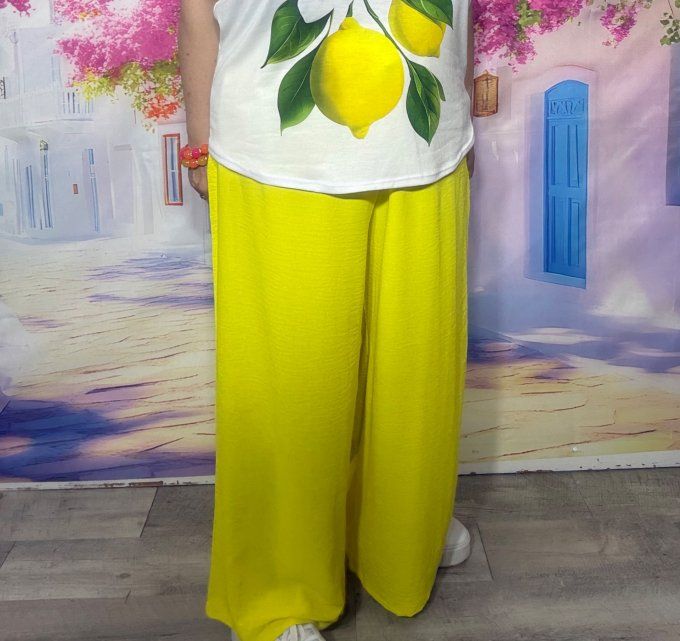 Pantalon palazzo fluide jaune cuisses larges taille élastiquée Les Basiques du Dressing du 42 au 54