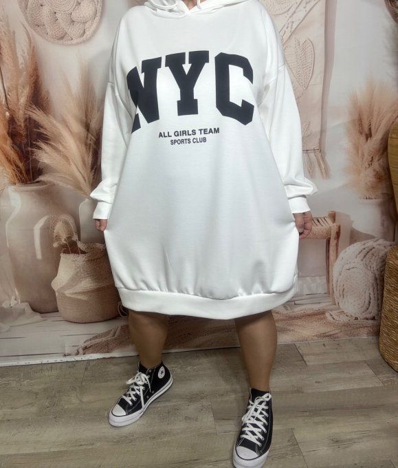 Maxi-sweat à capuche blanc ou Robe-sweat sportswear confort +++ du 40 au 52 