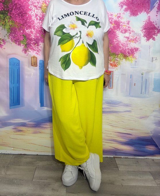 Pantalon palazzo fluide jaune cuisses larges taille élastiquée Les Basiques du Dressing du 42 au 54